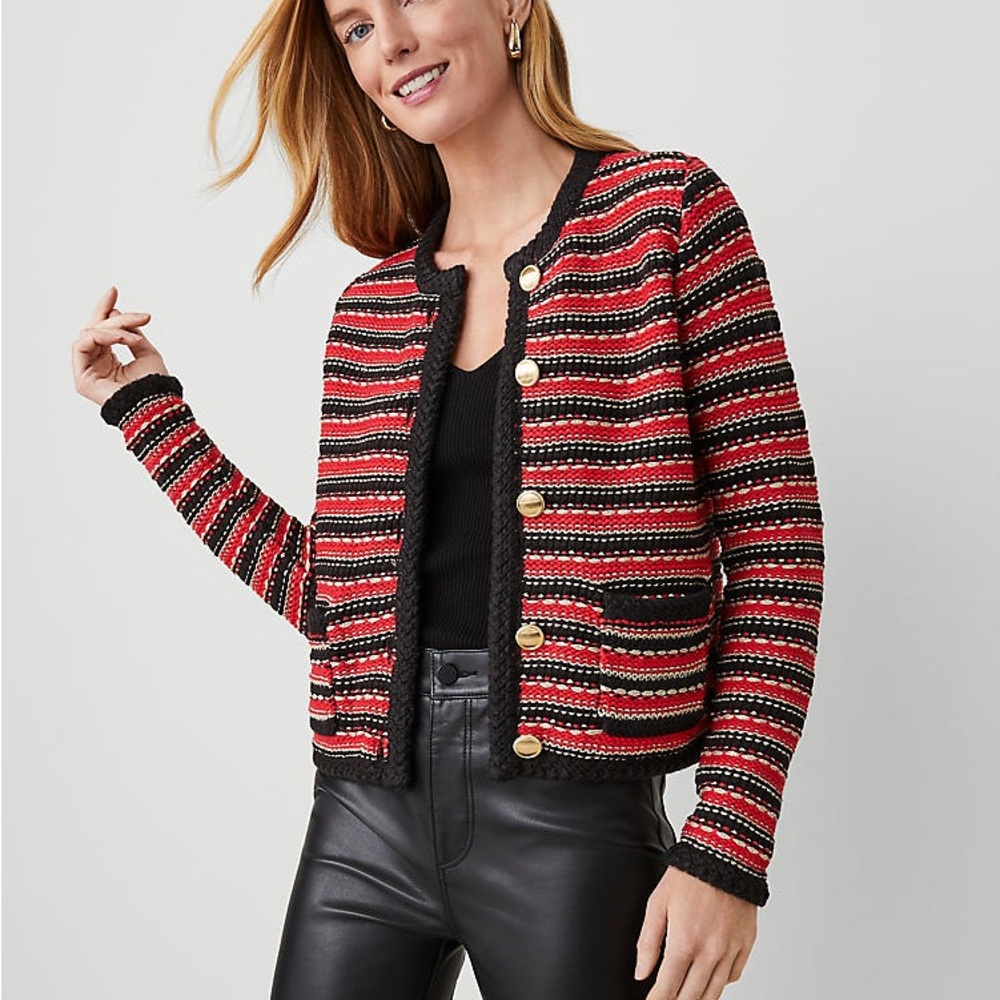 Ann Taylor Red and Black Lurex Cardigan with Gold Buttons